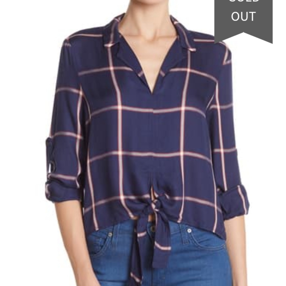 Bcbgeneration tie front roll sleeve plaid shirt